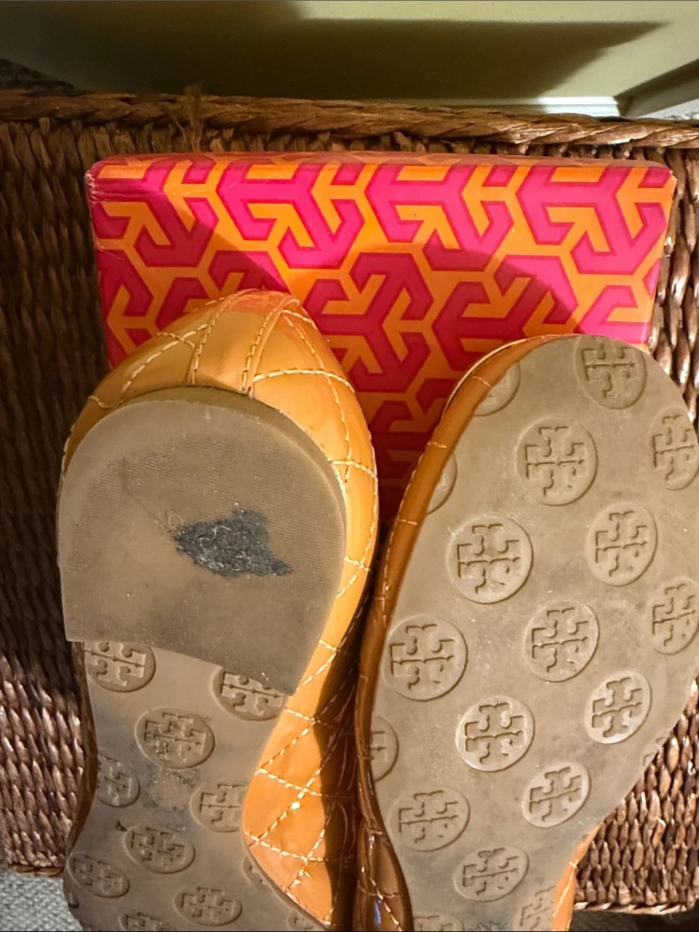 Tory Burch Chestnut Bronze Patent Quilted Logo Ballet Flats
